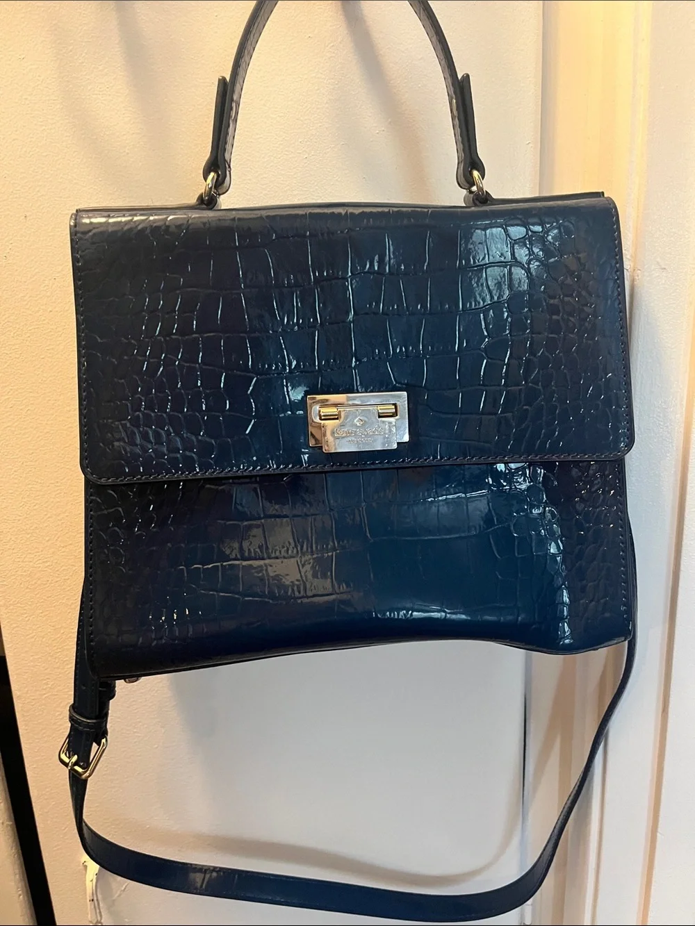 kate spade Croc-Embossed Satchel in Dark Navy